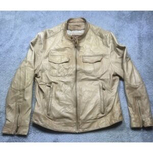 Wilsons Leather Jacket Mens L Tan Cafe Racer Moto Bomber Biker‎ Zip Cuffs *SPOTS